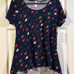 LuLaRoe Navy Short Sleeve Tee with Colorful Paper Airplanes